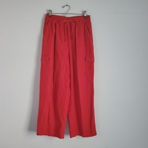 Red Wide-Leg Linen Blend Summer Pants